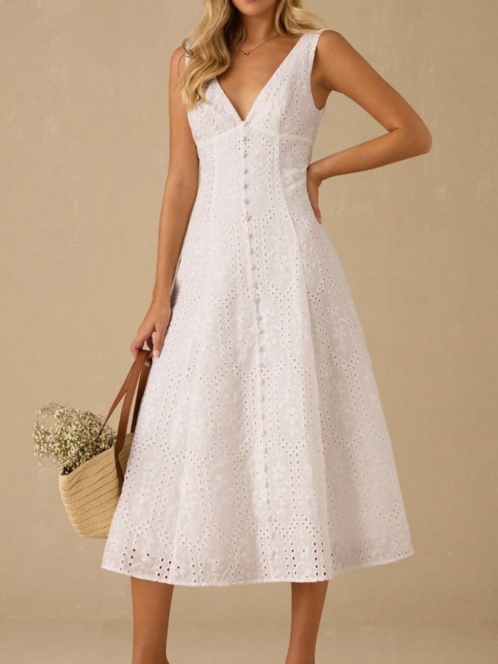 White Elegant Women's Holiday Floral Eyelet V-Neck Sleeveless Dress